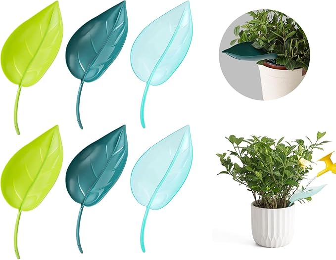 Incauca 6 PCS Plant Watering Leaf, 3 Color Leaflow Plant Pot Watering Funnel Devices, Creative House Flower Water Funnel, Drip Irrigation System for Indoor and Outdoor Potted Houseplants
