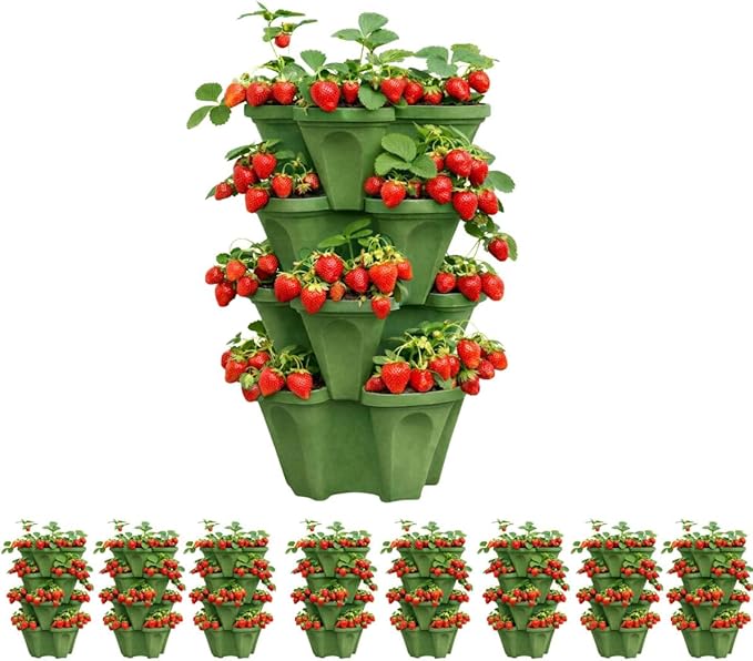 Vertical Garden Planter Stackable System 4 Plants per Pot, Space Saving Herb, Strawberry & Food Crop Planter with Center Support Hole for Indoor Outdoor Gardening (36, Sagebrush Green, Small)