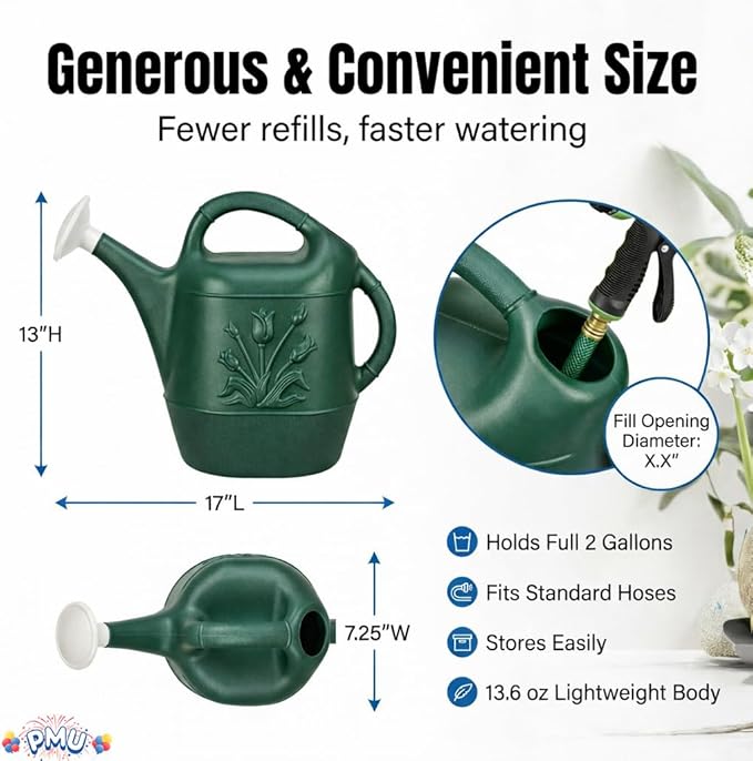 PMU 2 Gallon Watering Can - Garden Watering Can for Indoor & Outdoor Plants - Plastic Water Can with Detachable Sprinkler Head - Large Water Pot, Made in USA - Hunter Green Pkg/3