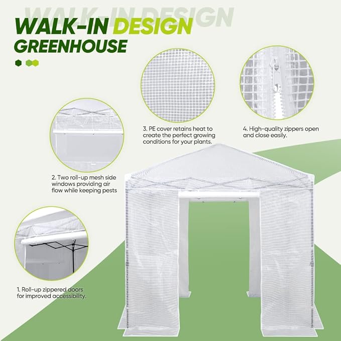 EAGLE PEAK 8x8 Portable Walk in Greenhouse, Pop Up Indoor Outdoor Greenhouse, Green House Kit with Zippered Roll-Up Doors and Windows, PE Cover, Clear/White