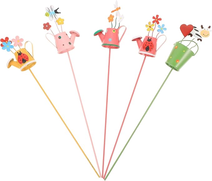 5pcs Metal Decoration Garden Decor, Watering Can Shape Plant Stakes, Stakes for Indoor and Outdoor, for Potted Plants, Greenhouse or Patio