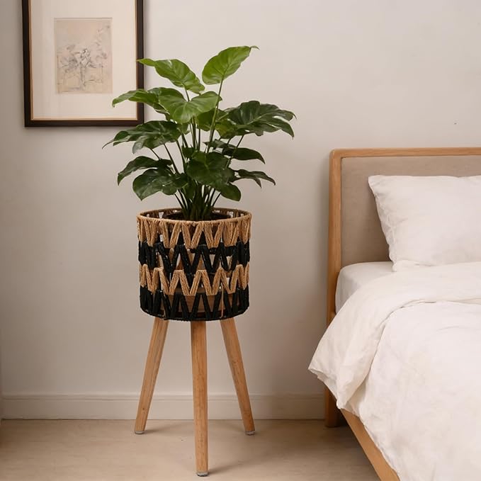 KGPLOME Single Indoor Plant Stand with Planter Pot,10 inch Bohemian Wood Planter Holder for Living Room Bedroom Decor Modern Home Decor (1, Beige Black)