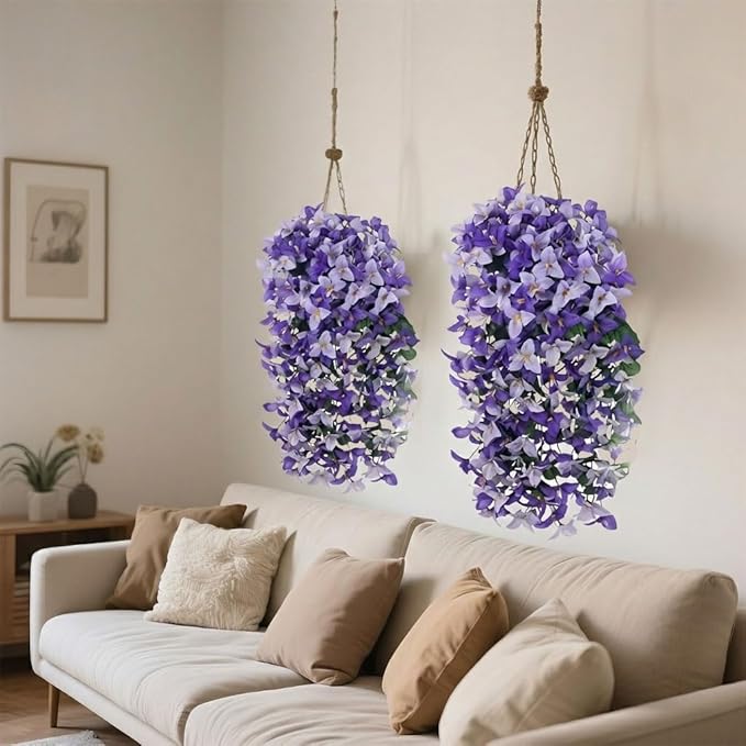 Artificial Flowers for Outdoors Fake Purple Bougainvillea Hanging Flower Decoration, 2Pcs Realistic Faux Silk Plants Long Trailing Vines, Spring Decor for Porch Patio Balcony Planter Yard