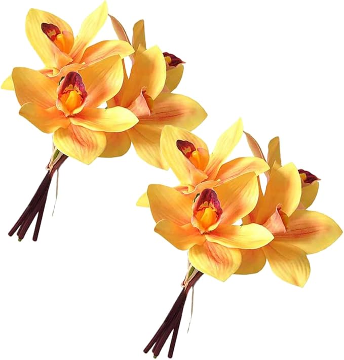 Hemobllo Artificial Silk Orchid Bouquet 2 Bundles, 4-Head Faux Phalaenopsis Flowers for Home Decor, Yellow Silk Flower Arrangement for Living Room and Event Decoration