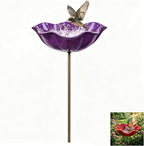 Handmade Metal Flower Garden Stake Bird Bath, Hummingbird Feeder, Bee & Butterfly Puddler, Mini Pollinator Watering Station for Garden Patio Lawn Yard Decor, Purple, 1PCS