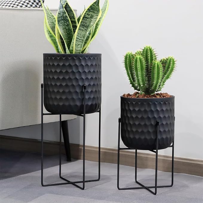 TRIROCKS Set of 2 Metal Planters with Stand, Small Indoor Plant Pots 8 * 18 &7 * 12" Modern Decorative Flower Pots for Living Room, Entryway, Office, Balcony(Black)