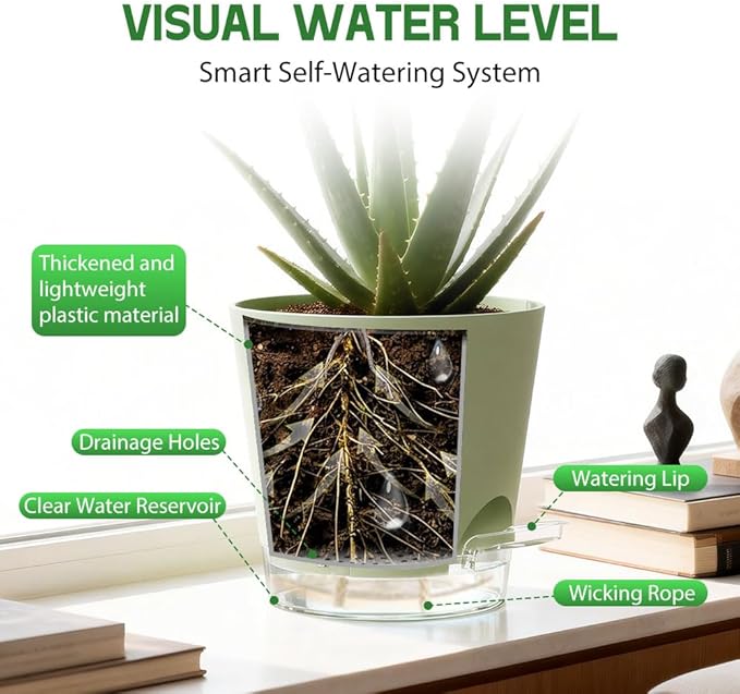Self Watering Pots for Plants, 2026 New Flower Plant Pots with Drainage Holes, Wicking and Clear Reservoirs for Succulent, Aloe, Cacti and Others - 6 Pack (Green, 4")