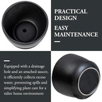 MyGift 7 Inch Round Matte Black Ceramic Plant Pot with Drainage Hole and Attached Saucer, Modern Decorative Embossed Sunburst Planter Container for Indoor Home Garden