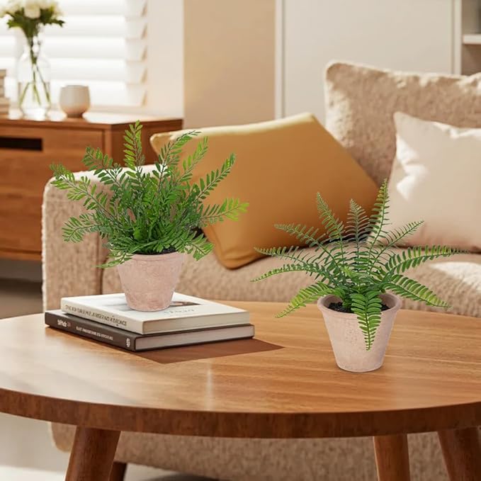 2 Pack Artificial Fern Potted Plant, Faux Fern Plant Small Fake Plants in Pot for Home Office Farmhouse Living Room Bathroom Kitchen Tabletop Desk Shelf Decoration
