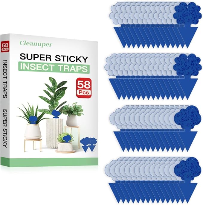 58 Pack Flying Insect Traps for Plants – Blue Sticky Traps for Fungus Gnats, Flies & Flying Bugs, Indoor Outdoor Flying Bug Catcher for Pots, Garden & Kitchen, Non-Toxic, Odorless, Kid & Pet Safe