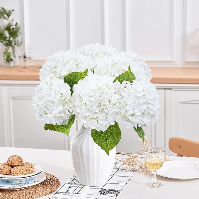 6Pcs Hydrangea Artificial Flowers Realistic Latex Texture for Spring Decoration Home Party Wedding Living Room Decoration 21''White