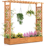 Giantex Raised Garden Bed with Trellis & Hanging Roof, Wood Planter Box with Bottom and Drainage Holes, Freestanding Garden Planter for Flower Vegetable Fruit Herb Climbing Vines, 77"x17"x70"