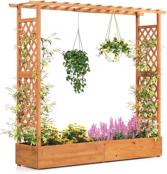 Giantex Raised Garden Bed with Trellis & Hanging Roof, Wood Planter Box with Bottom and Drainage Holes, Freestanding Garden Planter for Flower Vegetable Fruit Herb Climbing Vines, 77"x17"x70"
