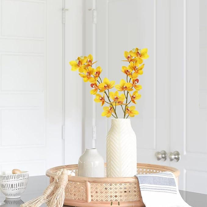 IPOPU Yellow 5 Pcs Artificial Orchids That Look Real Real Touch Latex Orchid Fake Flowers for Living Room Bathroom Kitchen Wedding and Engagement Centerpiece Arrangement