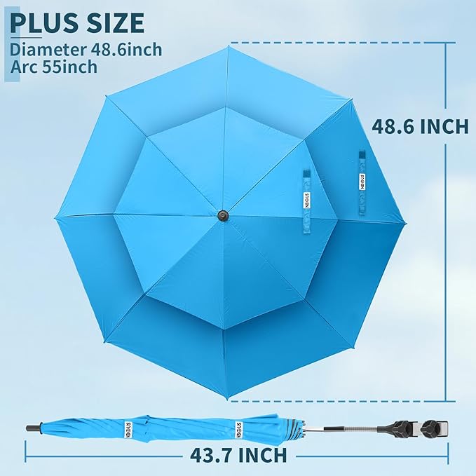 2 Pack 48.6" Double Canopy Umbrella with Clamp, UPF50+ Beach Chair Umbrella with clip, 360°Adjustable Portable Outdoor Shade, Patio Chairs, Golf Carts,Camping(Not Include Chair)