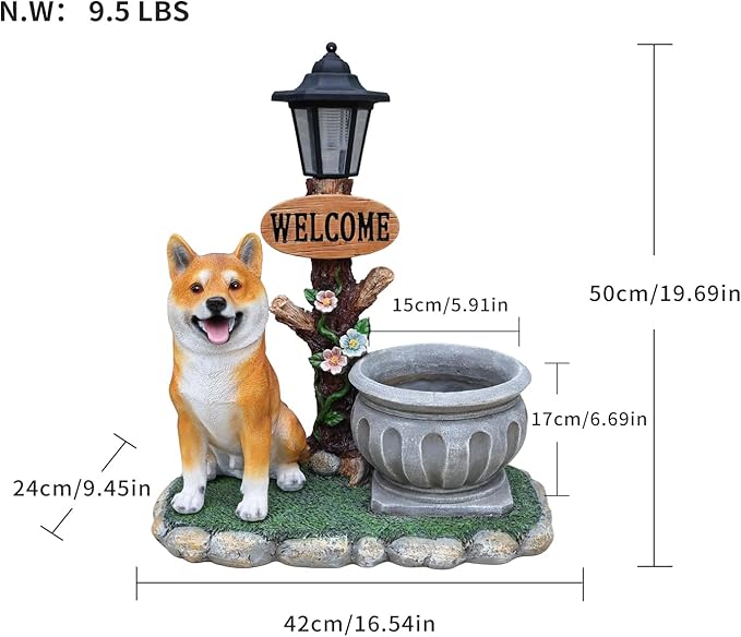 Animal Outdoor Statue Planter Solar Light Welcome Garden Sculpture Resin Flower Pot Decorative Porch Patio Yard Lawn Entryway Figurine with LED Lamp Rustic Plant Holder Ornament Courtyard (K)
