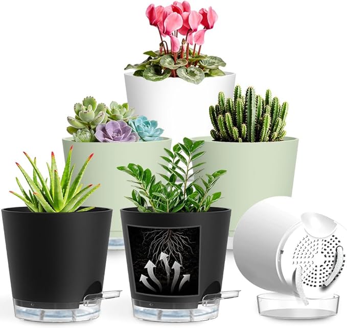 Self Watering Pots for Plants, 2026 New Flower Plant Pots with Drainage Holes, Wicking and Clear Reservoirs for Succulent, Aloe, Cacti and Others - 6 Pack (Colorful, 6")
