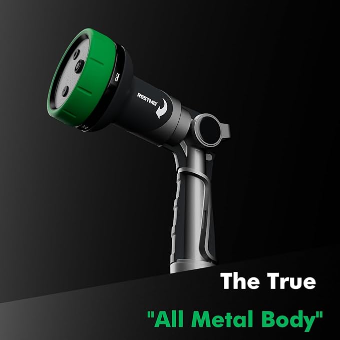 RESTMO Multi-Angle Garden Hose Nozzle with Sprinkler Function, Heavy Duty Water Hose Nozzle with 4 Spray Patterns, Magic Twist and Thumb Flow Control for Garden Watering, Car Washing & Yard, Green