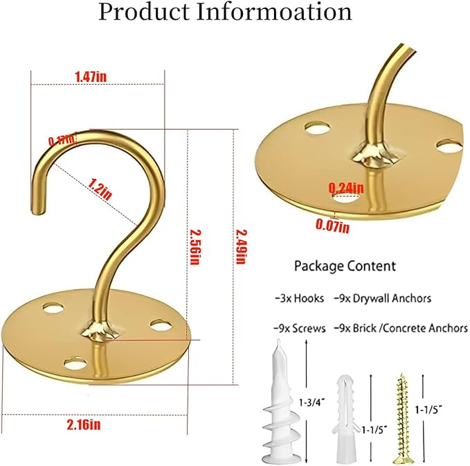 Ceiling Hooks for Hanging Plants-Metal Heavy Duty Wall Mounted Hangers for Hanging Bird Feeders, Planters, Wind Chimes, Include Professional Drywall Anchors (3-Pack) (Gold)