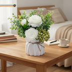 LADADA Artificial Flowers with Vase – White Peony Fake Floral Arrangement with Eucalyptus Leaves and Green Berries for Tabletop Decor, Bathroom, Bedroom, Office Desk Decor