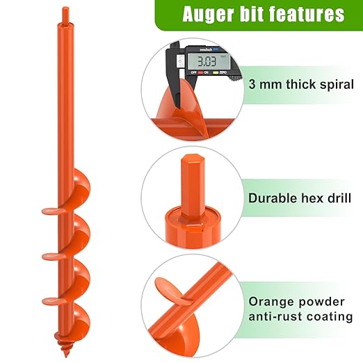Insaga Auger Drill Bit for Planting 3 x 24'', Threaded Garden Auger Post Hole Digger, Spiral Drill Earth Dirt Augers for Bulb, Vegetables, Fence Posts and Umbrella Holes, Fits in 3/8” Drill Chuck