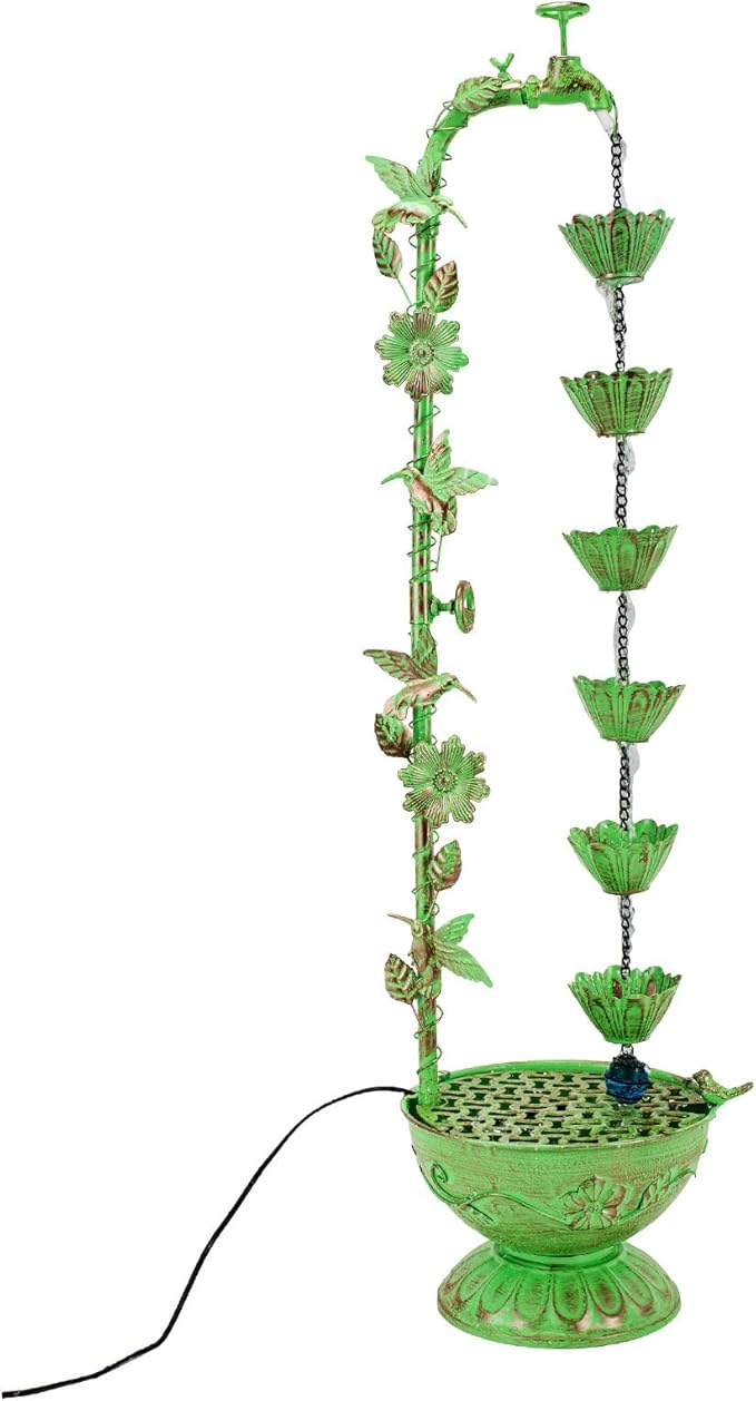 41" H Outdoor Tiered Water Fountain, Faucet-Shape Floor Standing Fountains with 6 Hanging Lotus Cups, Indoor Cascading Water Fountain Feature for Garden Yard Home Decor