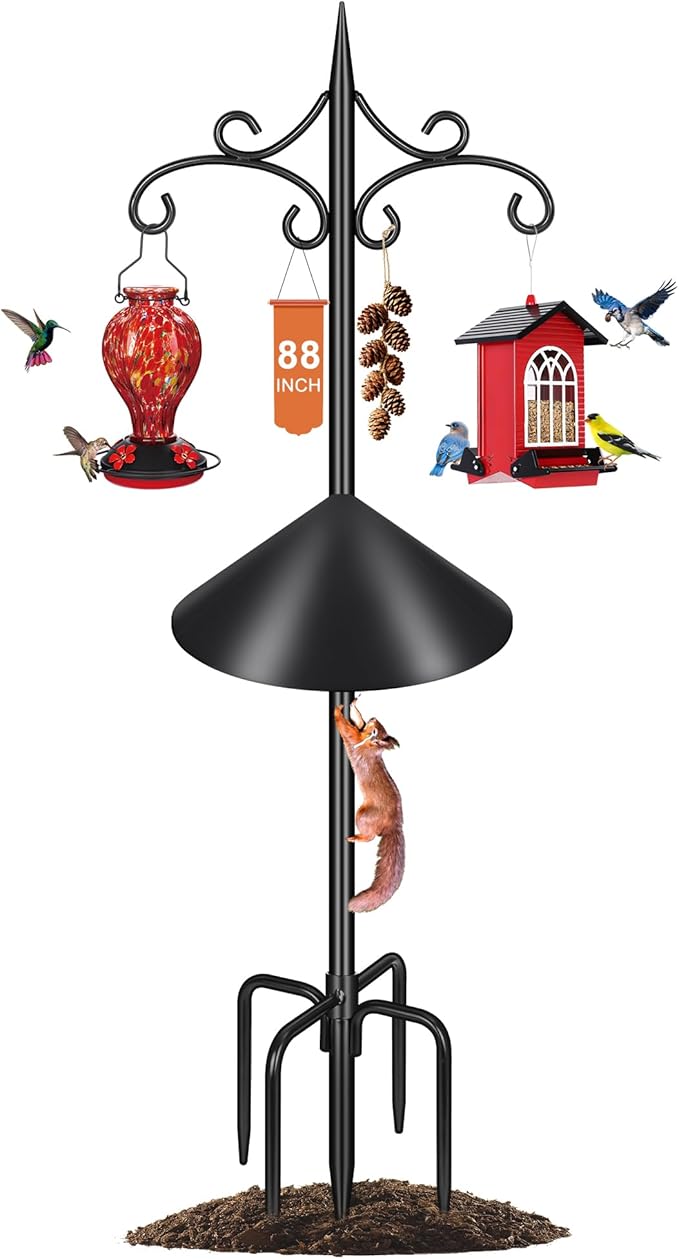 Heavy Duty Double Shepherd Hooks Squirrel Proof for Outdoor with 5-Prong Base, 88inch Adjustable Decorative Metal Bird Feeder Pole with Baffle for Hanging Bird Nests, Plant Baskets,1 Pack