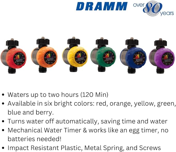 Dramm ColorStorm Premium Water Hose Timer, Mechanical, Turns Water Off Automatically, Up to 120 Minutes of Run Time, Compact for Lawn, Drip, Soaker Hose and Garden, Green
