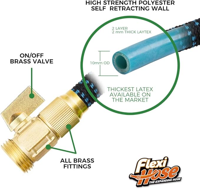 Flexi Hose Expandable Garden Hose with 8 Function Nozzle, 150FT - Lightweight Retractable Garden Hose, Water Hose - No-Kink Flexibility, 3/4 Inch Solid Brass Fittings and Double Latex Core