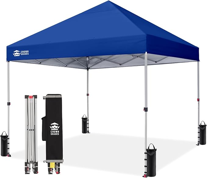 CROWN SHADES 8x8 Pop Up Canopy, Patented Center Lock One Push Instant Popup Outdoor Canopy Tent, Newly Designed Storage Bag, 8 Stakes, 4 Ropes, Silver-Coated Navy Blue
