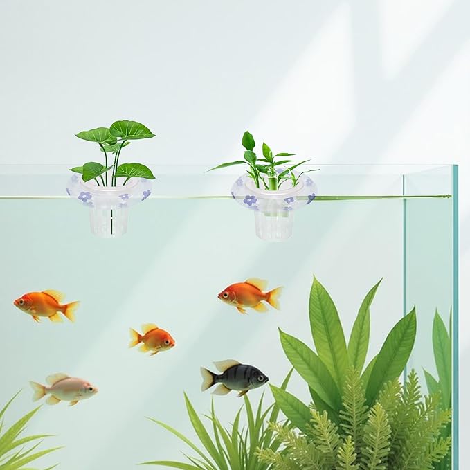 4 Sets Floating Aquarium Plant Holder, Translucent Plastic Fish Tank Basket with Floating Rings, Aquarium Hydroponic Basket for Live Plant Cultivation and Aquascape Decorations