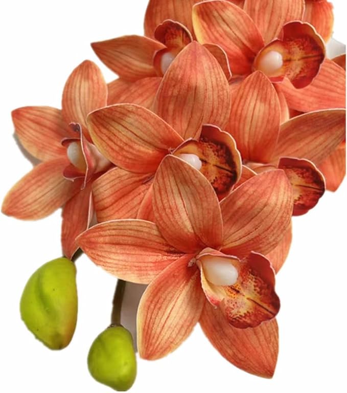 4pcs Artificial Cymbidium Orchid Flower Plant 3D Print Vanda 10 Heads Latex Phalaenopsis Flower (Orange)