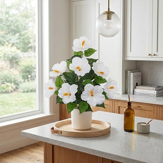 Briful Artificial Hibiscus Potted Plant 20.8” Tall, Realistic Silk Hibiscus Flowers Farmhouse Table Decor, Faux Tropical Flower Plant in Pot for Living Room Table, Entryway, Office, Home Decor, White