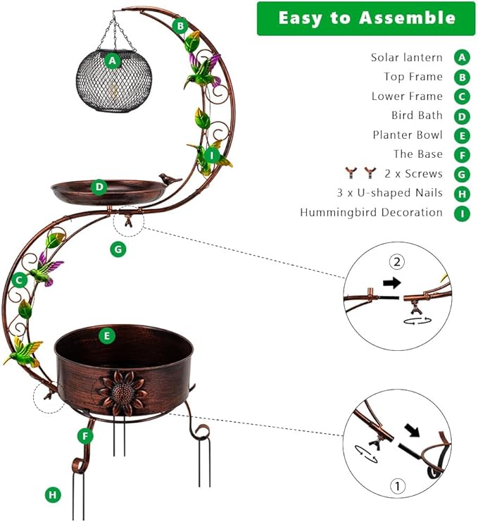 DREAMSOUL Solar Bird Bath with Solar Lantern, Vintage Copper Birdbath Flower Planter Metal Bird Bath for Outside Garden Yard
