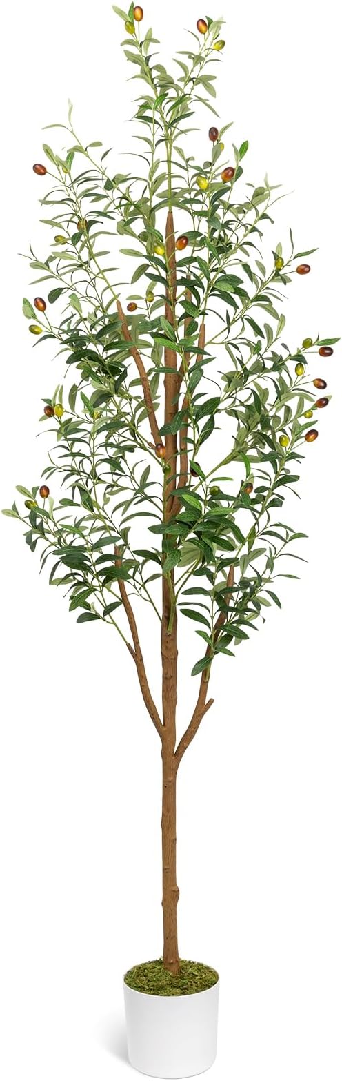 7FT Artificial Olive Tree - Indoor Tall Faux Olive Trees with Planter&Basket, Large Fake Olive Silk Tree Realistic Olive Plants with Branches and Fruits for Home Decor Office Living Room