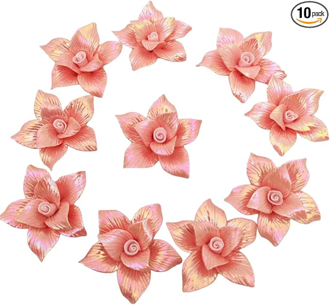 10 PCS 3D Flower Ceramic Tiles,1.6" Handmade Procelain Ceramic Flowers for Artwork,Fish Tank,Vases,Living Room, Dining Table,Office, Home Floral Decor (Double-Flowered Iridescent Light Orange)
