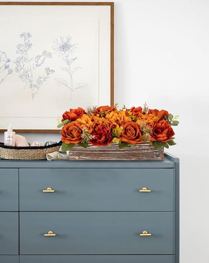 DILATATA Flower Arrangement with Wooden Vase 14" Artificial Flowers in Pot - Fake Flowers Roses Peonies Hydrangeas in Wooden Vase Potted Flower Centerpieces for Table Decor Living Room - Dried Orange