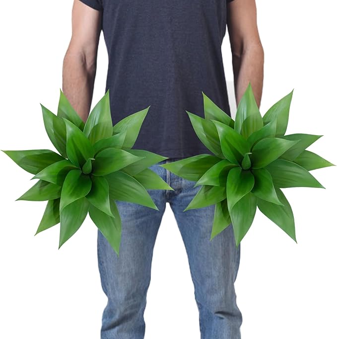 2 Pack 16 Inch Artificial Agave Plant - Large Faux Succulent Steams for Indoor Outdoor Decorating, UV Resistant Realistic Tropical Greenery for Garden Front Porch Aesthetic Decor - 18 Leaves, Green