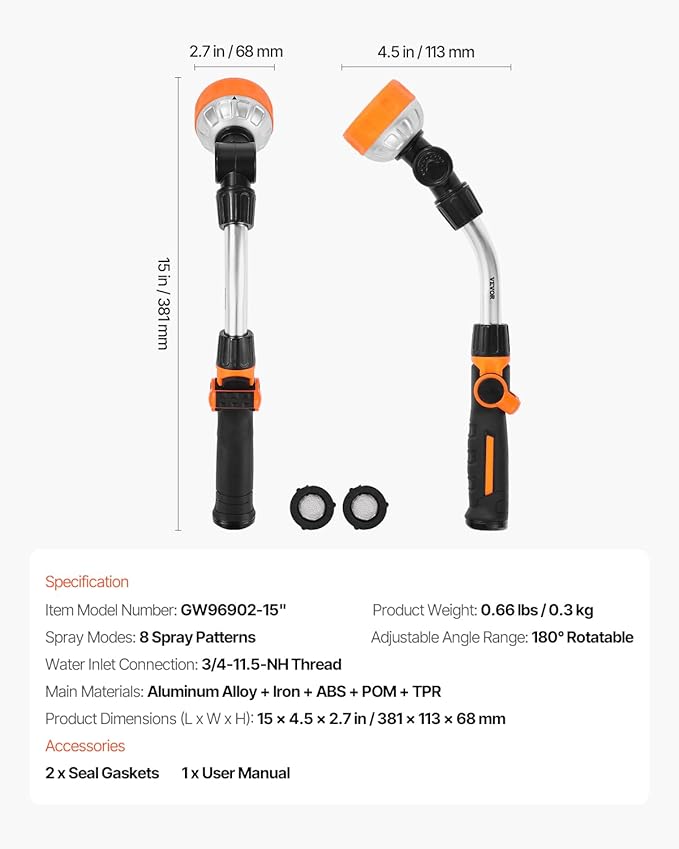 VEVOR Irrigation Stick, 15-Inch Robust Yard Hose Stick with 8 Spraying Modes & 180° Pivoting Head, Extended Hose Spray Apparatus with Thumb Operated On/Off