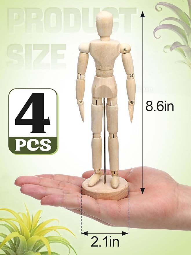ANPHSIN 4 Pcs 8.6'' Wooden Air Plant Holder - Unique Jointed Mannequin Airplant Stand with Adjustable Poses, Tillandsia Display Container for Home Office Decoration Housewarming Gift