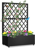 Metal Planter Box with Privacy Screen Trellis,Galvanized Raised Garden Bed On Wheels for Climbing Plants Vines, Standing Garden Flower Bed with Drainage Holes (Black, 35" L x16 W x 55" H)