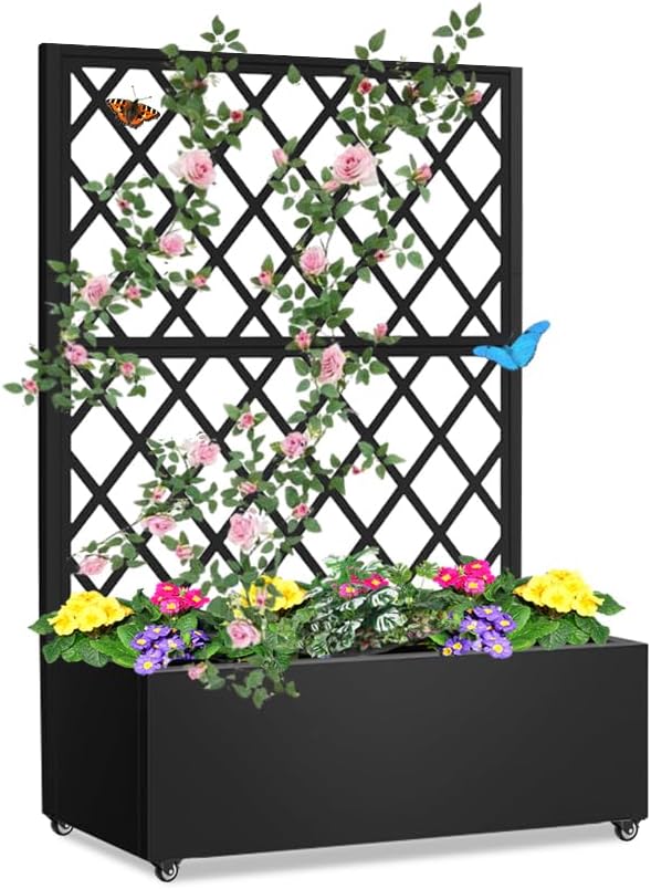 Metal Planter Box with Privacy Screen Trellis,Galvanized Raised Garden Bed On Wheels for Climbing Plants Vines, Standing Garden Flower Bed with Drainage Holes (Black, 35" L x16 W x 55" H)
