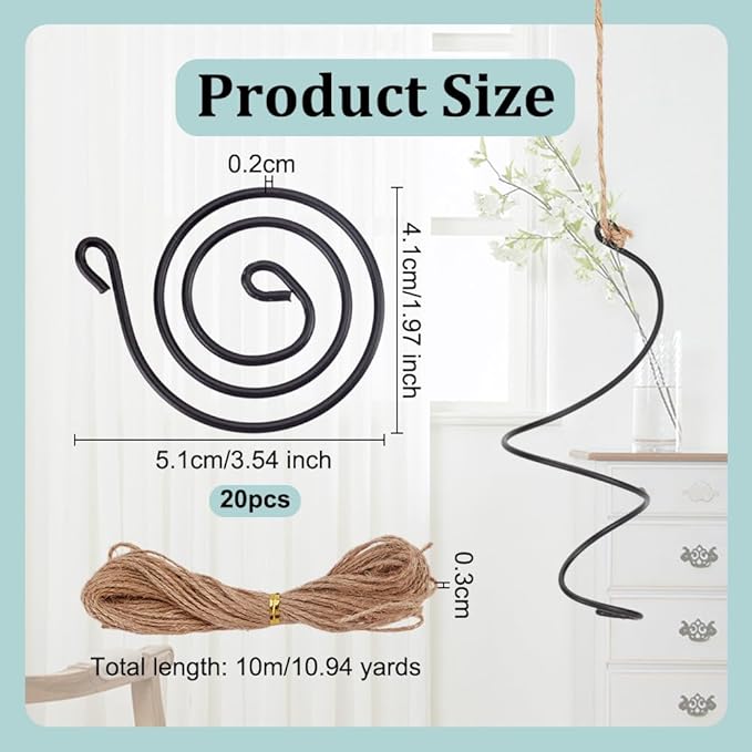 OLYCRAFT 20Pcs Black Spiral Hanging Plant Display with Jute Ropes Hanging Air Tillandsia Holder Succulent Display Container Plants Wall Holder for Small Plant Home Office Desk Decor