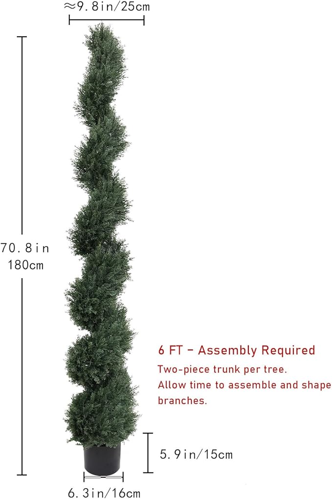 THE BLOOM TIMES 6ft Spiral Artificial Topiary Trees Set of 2, 71 inch Faux Cedar Trees for Outdoor Planters - Fake Twist Cypress Plants for Garden Front Porch Indoor Outside Decor 6 Foot