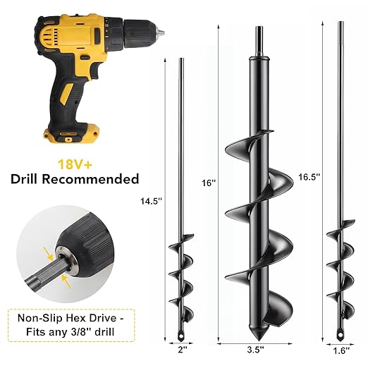 Auger Drill Bit for Planting Set of 3, 1.6x16.5, 2x14.5, 3.5x16 - Compatible with 3/8" Hex Drive Drill for Planting Bulbs, Bedding Plants, Mixing Soil, Fertilizer