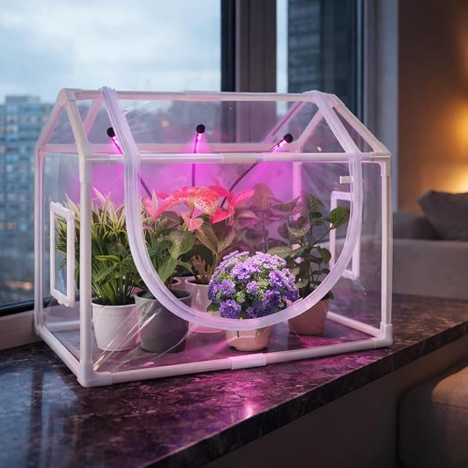 Indoor Mini Greenhouse with Grow Light, Tabletop Small Greenhouse for Beginners, All-in-One Tiny Plant Nursery Kit with Adjustable LED Light & Timer, Smart Grow Tent for Herbs, Gardening Gift