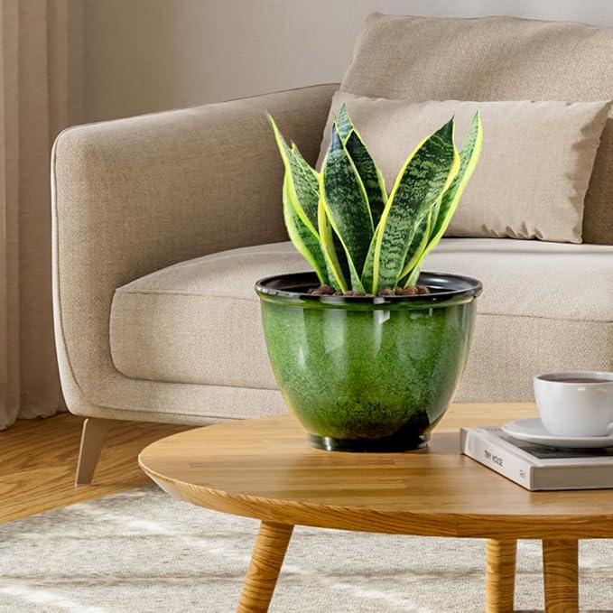 Vanslogreen 8 Inch Plastic Plant Pots, Set of 4 Flower Pots Planters with Drainage Hole, Glossy Smooth Finish Planter for Indoor Outdoor Succulent Snake Plants (Green)
