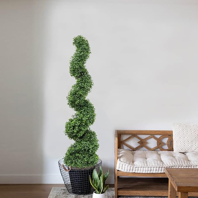momoplant 43 Inch Artificial Boxwood Topiary Tree Spiral Plants Fake Faux Plant Decor in Plastic Pot Green Indoor or Outdoor, Set of 2