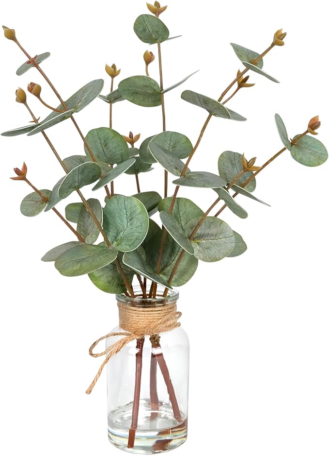 Velener Faux Eucalyptus Stems in Vase with Faux Water, Fake Plants Artificial Eucalyptus Plant for Home Decor, Kitchen Bathroom Farmhouse Living Room Coffee Table Faux Centerpieces for Tables Green