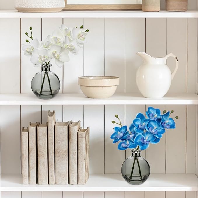 Oairse Blue and White Orchids Artificial Flowers Faux Orchid Arrangement with Black Glass Vase Set of 2 Real Touch Phalaenopsis Orchid Flowers Orchids Centerpiece for Dining Room Table